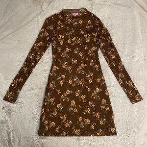 Francesca’s Floral Brown Long Sleeve Mini Dress Size Medium